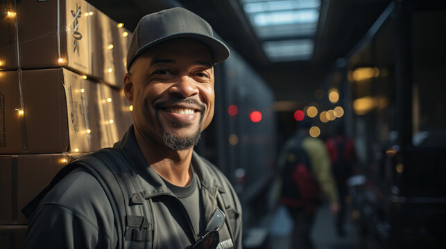 Black delivery driver man with cardboard boxes. Concept of logistics, efficiency, timely service, hard work, distribution, essential services