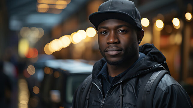 Black delivery driver man with cardboard boxes. Concept of logistics, efficiency, timely service, hard work, distribution, essential services