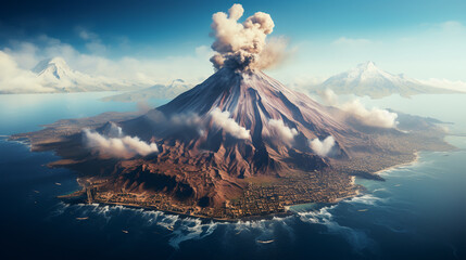 Obraz premium Massive Volcano Eruption. A large volcano erupting hot lava and gases into the atmosphere.