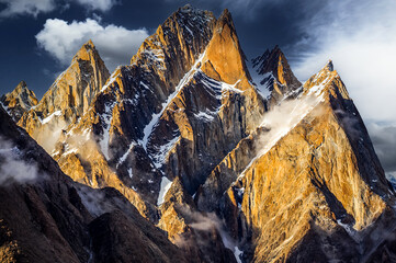 Sharp rocky mountains called Trango towers on the way to K2 summit