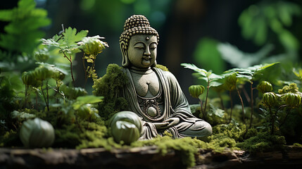 buddha statue on a rock in a blurred green bamboo jungle with smooth water surface, fresh natural spa wallpaper concept with asian spirit