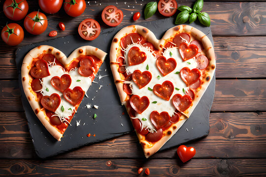 Pepperoni pizza in unhealthy food assortment on wooden dark table with heart shaped sausages, photo created using Playground AI platform