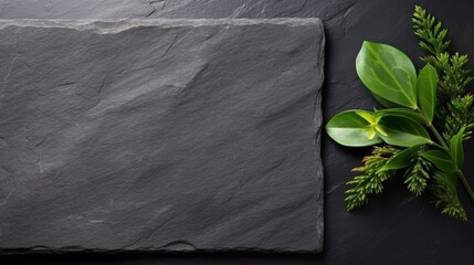 Folded black napkins on black stone background with green leaves. Eco friendly Mock up for display...
