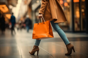 woman legs , hand hold shopping bag on street - Powered by Adobe