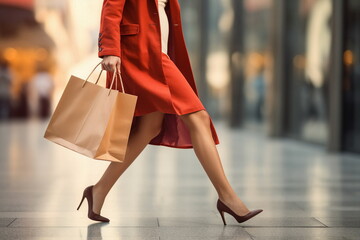 woman legs , hand hold shopping bag on street - obrazy, fototapety, plakaty