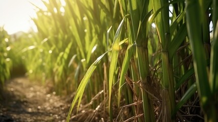 Obraz premium Detail of organic sugar cane plantation, ready to harvest in the morning
