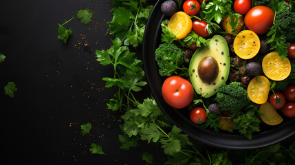 Avocado, tomato and cucumber salad with fresh herbs on dark stone background. Healthy summertime salad. Copy space