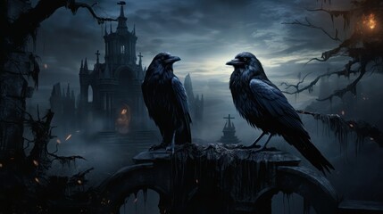 Two magic black ravens on the background of old gloomy Gothic castle in a foggy night. - obrazy, fototapety, plakaty