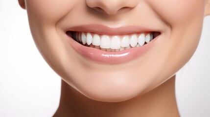 Fototapeta premium A close-up photo of the lower part of a female face. Beautiful, cute smile with immaculate, perfect teeth. Chin, nose, and mouth visible.