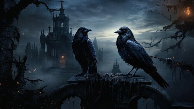 Two magic black ravens on the background of old gloomy Gothic castle in a foggy night.