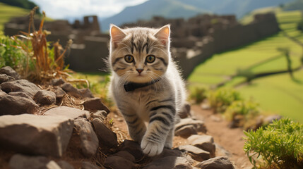 世界遺産のような風景と可愛らしい猫｜Generative AI
