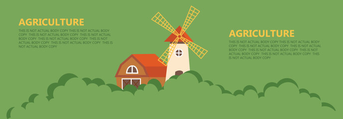 Template for design. Something related to agriculture, barn, mill and ecology on a green background of bushes. For design on the Internet, brochures, leaflets, packaging.