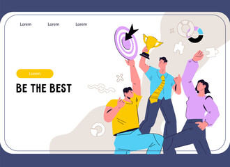 Business team winning an award, success of team hard work and excellent teamwork concept for web banner or landing page, flat vector illustration. Lead team to victory and trophy of success.