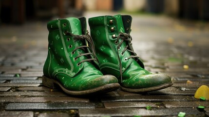 Close up of a pair of green boots standing on the street on the cobblestones, celebrating St. Patrick's Day during the Irish holidays in Ireland. Leprechaun Shoes. - obrazy, fototapety, plakaty