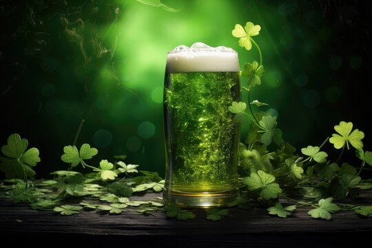 A mug of foamy green beer on a wooden table surrounded by clover leaves on a green background. Traditional alcoholic Irish drink to celebrate St. Patrick's Day