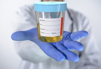 Container with a urine test in the doctor's gloved hand