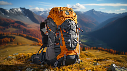 Backpack, trekking poles and sleeping mat in mountains, space for text. Tourism equipment