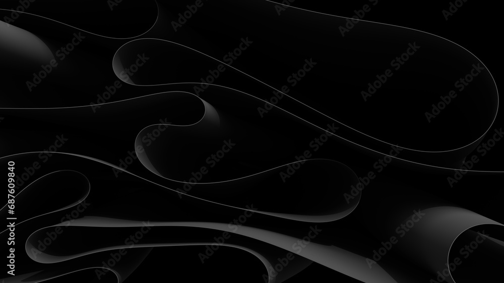 Poster dark abstract background thin fine line folds waves lines curve motion black and white wallpaper 3d 