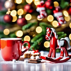 Obraz na płótnie Canvas Rocking horse toy pendant in front of Christmas tree. Red mug with hot chocolate drink and marshmallow and candy sticks