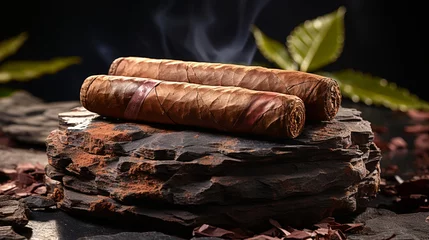 Zelfklevend Fotobehang Cuban cigars with leaves on a black stone table. Top view. Free space for your text. © alexkich