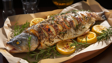 Roasted fish with lemon on plate.Delicious baked fish.Copy space