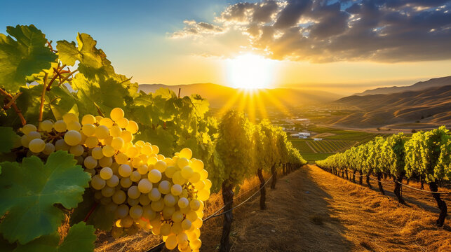 White grapes on a vine in a vineyard on a sunset