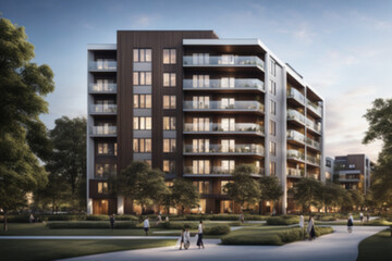 Sleek apartment building with balconies overlooking a city park