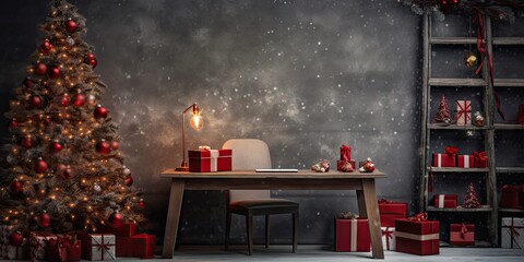 Interior christmas. magic glowing tree,  gifts in dark at night.