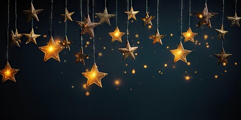 Elegant Hanging Golden Stars and Glowing Bokeh Lights on a Dark Festive Background &ndash; Christmas or New Year Celebration Concept