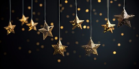 Elegant Hanging Golden Stars and Glowing Bokeh Lights on a Dark Festive Background &ndash; Christmas or New Year Celebration Concept