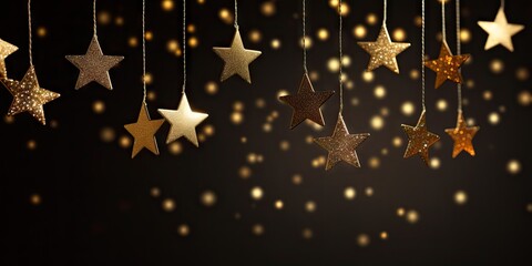 Elegant Hanging Golden Stars and Glowing Bokeh Lights on a Dark Festive Background &ndash; Christmas or New Year Celebration Concept