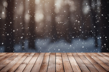 Wood table top or terrace with wooden planks on winter forest view, summer sky background