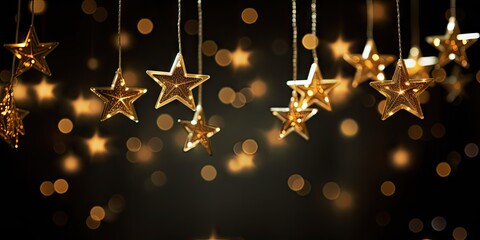 Elegant Hanging Golden Stars and Glowing Bokeh Lights on a Dark Festive Background &ndash; Christmas or New Year Celebration Concept