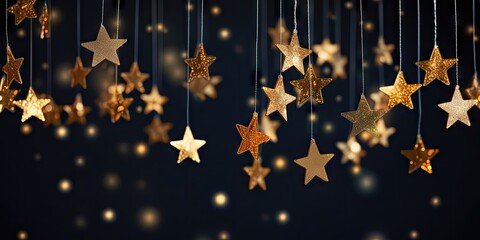Elegant Hanging Golden Stars and Glowing Bokeh Lights on a Dark Festive Background &ndash; Christmas or New Year Celebration Concept