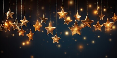 Elegant Hanging Golden Stars and Glowing Bokeh Lights on a Dark Festive Background &ndash; Christmas or New Year Celebration Concept