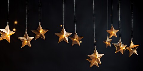Elegant Hanging Golden Stars and Glowing Bokeh Lights on a Dark Festive Background &ndash; Christmas or New Year Celebration Concept