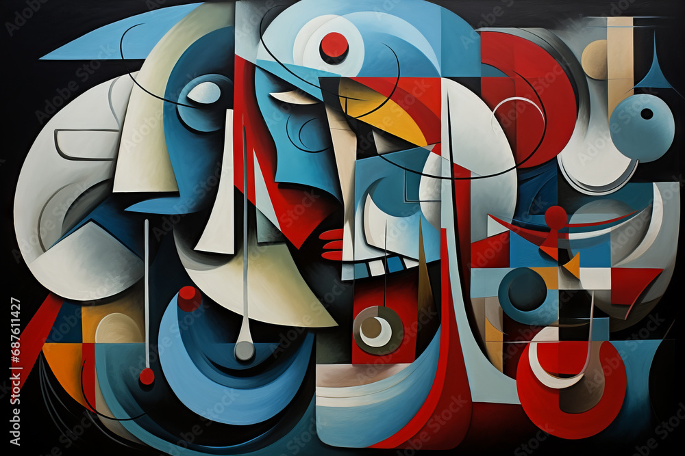 Poster abstract multicolored faces in an abstract cubist or cubism style painting