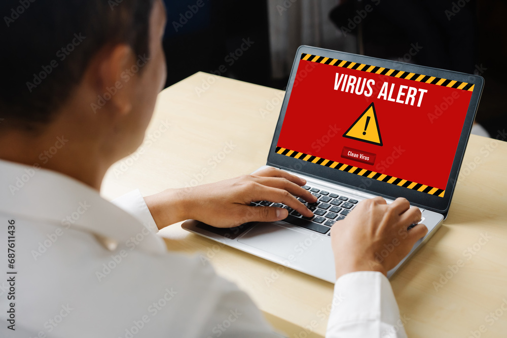 Poster virus warning alert on computer screen detected modish cyber threat , hacker, computer virus and mal