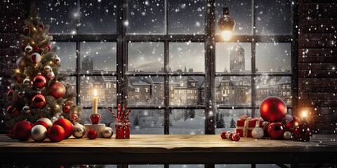 Beautiful composition with wooden Christmas interior near window. Xmas 