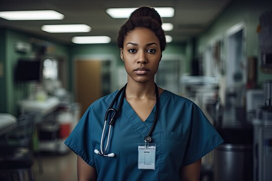 Portrait Of Serious Nurse Standing In Hospital Corridor. Young African American Female Doctor Looking At Camera. Medicine And Healthcare Concept, Young African-American Nurse In Clinic, AI Generated