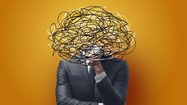 A man in a suit with tangled ball in his head. Concept of anxiety, chaotic thought process, confusion, panic attack, or personality disorder. Clutter in the head, no thoughts or ideas.