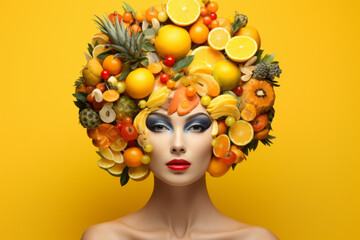 Woman with hair made of many fruits on yellow background. Healthy lifestyle concept - obrazy, fototapety, plakaty