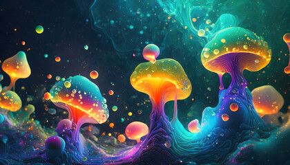 Fototapeta na wymiar Brightly colored liquid fluid abstract trippy mushroom blobs