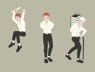 Young and old worker man three gestures in black and white clothes.