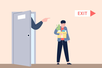 Man fired. Sad worker with things cardboard box go to exit. Boss hand pointing on door, recruitment and unemployment, vector concept