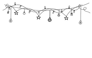 Christmas doodle garland with gift boxes, balls and Christmas  light bulbs on a white background. Hand drawn style. Vector illustration. Line art. New Year, winter holidays concept.