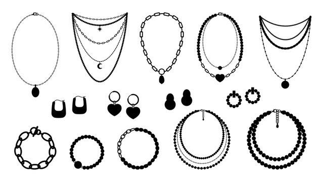 Necklace, earrings and bracelets black silhouettes. Beads pearls, chains and necklaces. Jewelry decorative vector collection