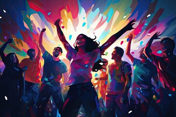 Dancing people. Colorful background with dancing people. Vector illustration, Young happy people are dancing in clubs. Nightlife and disco concept, AI Generated