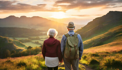Fototapeta na wymiar Old adult couple standing in front of a scenic landscape