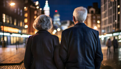 Fototapeta premium Old adult couple standing in front of a night city scene